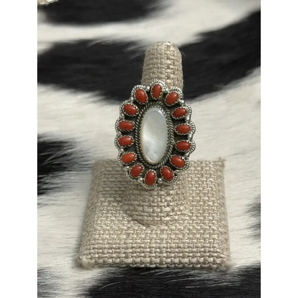 Native American Sterling Silver Mother Pearl Red Coral Multistone Cluster Ring